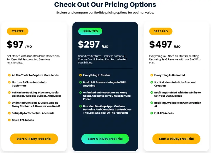 GoHighLevel pricing options
