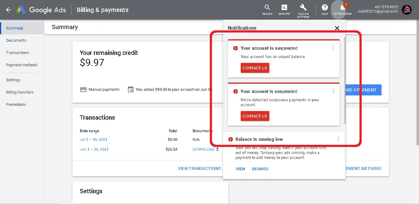 Suspicious Payment Activity Google Ads Suspended image 1