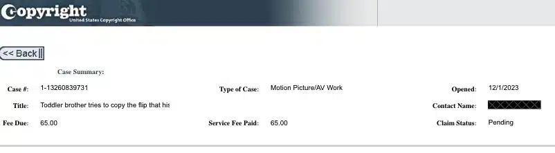 Copyright application document sent by BVIRAL